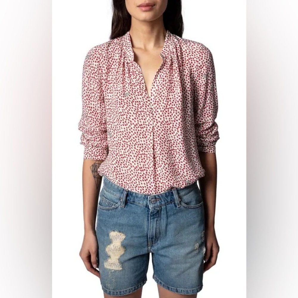 Zadig & Voltaire Womens Tink Crush Heart Print V Neck Long Sleeve Top SIZE small